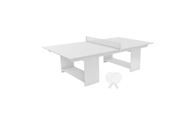 A sleek white Table Tennis Set by Ledge Lounger, featuring a table with a net, two white paddles, and a ball, stands as a minimalist design piece. Ideal for indoor or outdoor fun on its plain white backdrop.