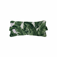 The Signature Headrest Pillow by Ledge Lounger features a rectangular design with tropical banana leaf patterns. Lush green leaves contrast beautifully against a white background, perfect for in-pool relaxation or customized comfort.