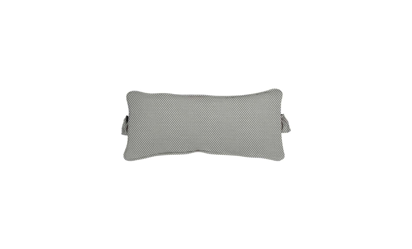 The Signature Headrest Pillow by Ledge Lounger is a rectangular lumbar pillow with gray small polka dots, slightly curved edges, and two side straps. Its perfect as a headrest and customizable for personalization. The plain white background enhances its chic design.