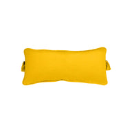 The Signature Headrest Pillow by Ledge Lounger is a rectangular yellow pillow with short tassels on each corner, ideal as a headrest. Set against a plain white background, it offers customizable options for an elevated in-pool lounging experience.