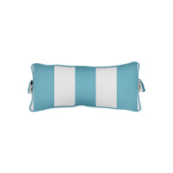 The Signature Headrest Pillow by Ledge Lounger is a rectangular cushion with alternating light blue and white stripes, blue piping, and two short side straps for secure handling. Its ideal for relaxing in the pool.