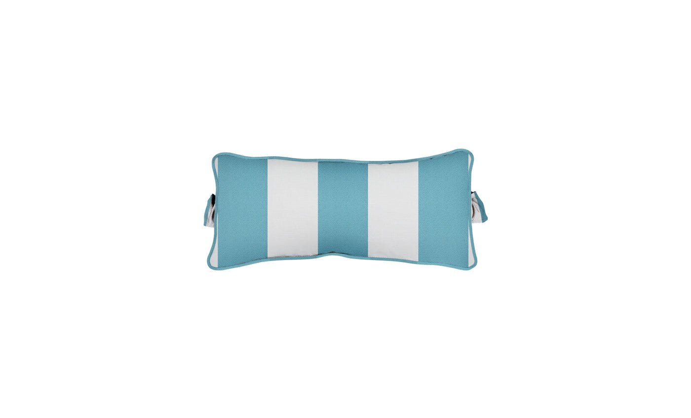 The Signature Headrest Pillow by Ledge Lounger is a rectangular cushion with alternating light blue and white stripes, blue piping, and two short side straps for secure handling. Its ideal for relaxing in the pool.