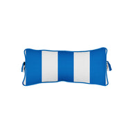 The Ledge Lounger Signature Headrest Pillow is a rectangular in-pool relaxation accessory featuring alternating blue and white vertical stripes on a white background, with blue-outlined edges and small blue handles on each side.