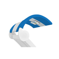 The modern blue and white desk lamp, with a flexible neck and LED panel, is perfect for media viewing. It has a digital display on its head and features Ledge Lounger branding on the base, mirroring the Signature Chaise Shades sleek design.