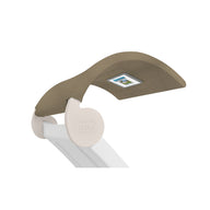 The Signature Chaise Shade by Ledge Lounger is a modern, adjustable beige outdoor umbrella with a white base and curved design, featuring the Ledge Lounger logo on the side and a small solar panel for energy efficiency.