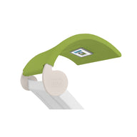 The Signature Chaise Shade by Ledge Lounger features a green canopy with a media viewing window, sleek curves for relaxation, and the brand logo, all in a stylish white design.