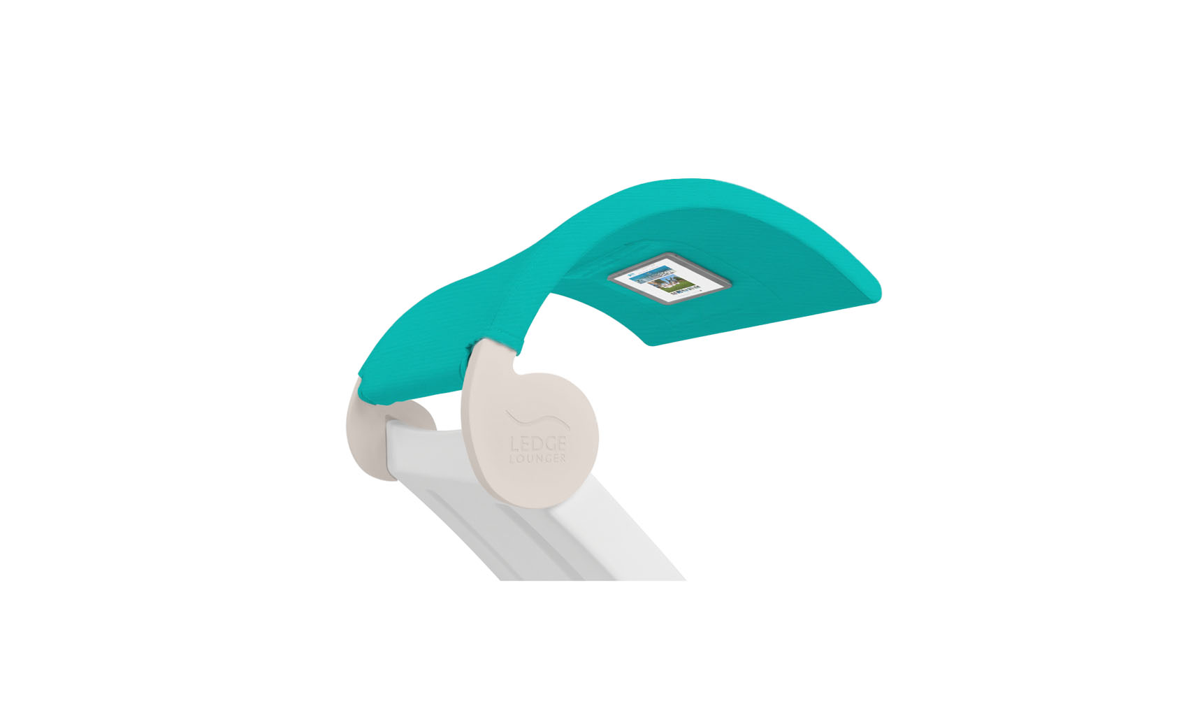 The Signature Chaise Shade by Ledge Lounger is showcased with a modern turquoise canopy attached to a white frame, complete with a built-in solar panel on top. The brand logo is prominently displayed on the circular attachment point, adding style and functionality.