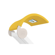 The Signature Chaise Shade by Ledge Lounger is a modern yellow poolside umbrella with a business card holder. Its curved design and white framework feature the Ledge Lounger logo, offering style and shade.