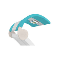 The Signature Chaise Shade by Ledge Lounger is a white pool lounge chair featuring an aqua-blue canopy with a built-in rectangular solar panel, offering stylish shade against a plain white background.