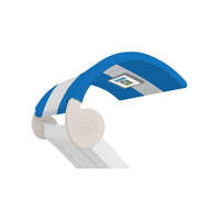 The Signature Chaise Shade by Ledge Lounger is a blue and white adjustable pool chair with a headrest, armrests, and a small rectangular media viewing window ideal for water use. The base prominently features the Ledge Lounger brand name.