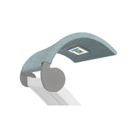 Close-up of a modern light fixture with a curved teal shade resembling the Signature Chaise Shade by Ledge Lounger, featuring sleek gray accents and a white base for a contemporary design.