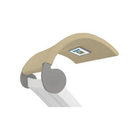 The Signature Chaise Shade by Ledge Lounger features a beige, curved headrest with a media viewing window on a white and gray stand, complete with a logo on the base, enhancing any modern seating or reclining system elegantly.