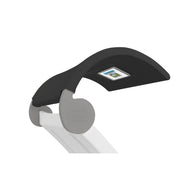 The Signature Chaise Shade by Ledge Lounger is a sleek black and gray ergonomic gaming chair featuring a headrest with a media viewing window and EDGE DESIGN printed on the side.