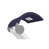 A modern book holder with an adjustable, curved navy support and digital display; features a sleek white frame, similar in elegance to Ledge Loungers Signature Chaise Shade, with circular side braces labeled Leitner Ergonomic.