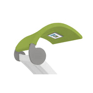 The Signature Chaise Shade by Ledge Lounger features a modern, adjustable overhead reading light with a built-in control panel and a green curved shade. Its sleek white base includes a silver circular hinge, ideal for complementing your signature chaise.