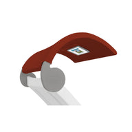 The Signature Chaise Shade by Ledge Lounger is a modern LED desk lamp with a red, curved shade and a media-inspired digital display. It features a white arm and base, adorned with subtle branding on the side.