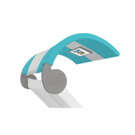 The Signature Chaise Shade by Ledge Lounger is a turquoise and gray car seat canopy with a white stripe and media window displaying digital icons. Featuring the Beone logo on the gray section, it elegantly attaches to a white handle for style and function.