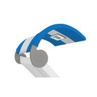 A close-up showcases the Signature Chaise Shade by Ledge Lounger, featuring a modern blue and white design. Mounted on a gray bracket, it includes a media viewing window in the blue fabric next to a small logo and digital screen, standing out against the plain white background.