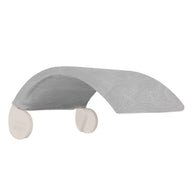 A gray structured fabric canopy with a swirling design, held by two cylindrical wooden bases, provides a modern minimalist look reminiscent of the Ledge Lounger Signature Chair Shade.