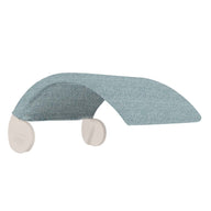 A blue, textured, fabric-covered car seat armrest with two beige connectors underneath resembles the Signature Chair Shade by Ledge Lounger. It features a sleek, ergonomic curved design.