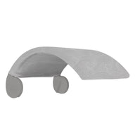 A modern white fabric shelf with a wave-like design and two circular supports, featuring a subtle spiral pattern akin to the sleek curves of Ledge Loungers Signature Chair Shade. This minimalistic piece is elegantly innovative, ideal for contemporary spaces.