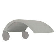 A gray tea infuser with a curved mesh body, reminiscent of Ledge Loungers Signature Chair Shade, featuring two circular counterweights on one side.