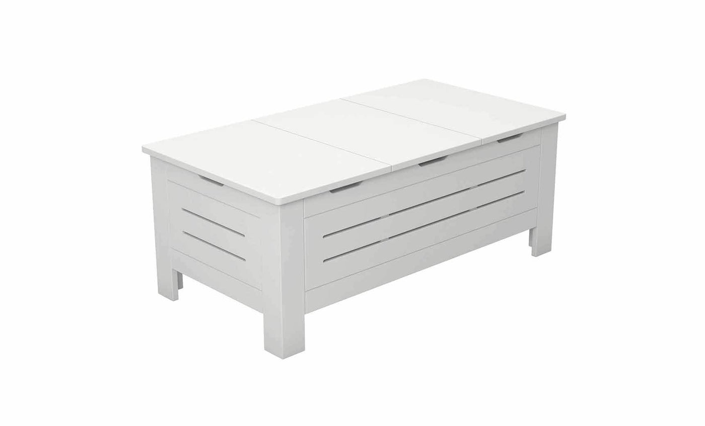 The Mainstay Storage Coffee Table by Ledge Lounger is a white, rectangular wooden bench ideal for outdoor living spaces. It features slatted sides and a solid hinged top that opens for storage. With four sturdy legs, its minimalist style complements any setting effortlessly.