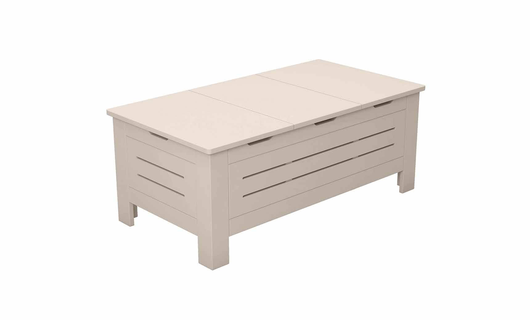 The Mainstay Storage Coffee Table by Ledge Lounger is a beige wooden piece with a slatted front and smooth top. It doubles as a storage bench with simple rectangular legs, offering ample space and a clean, modern design.