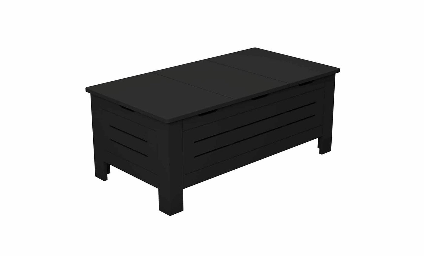 The Ledge Lounger Mainstay Storage Coffee Table features a rectangular design with slatted sides and front, plus a chic flat top, making it perfect for any outdoor living space.