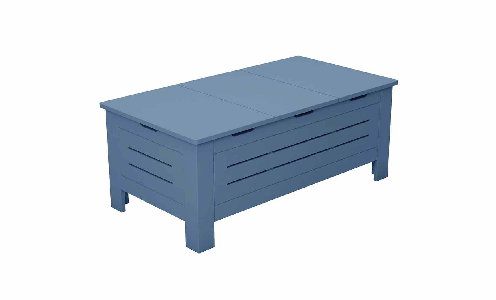 The Mainstay Storage Coffee Table by Ledge Lounger is ideal for outdoor spaces, featuring a slatted design with ample storage. Its simple rectangular shape and robust legs make it a versatile addition to any area.