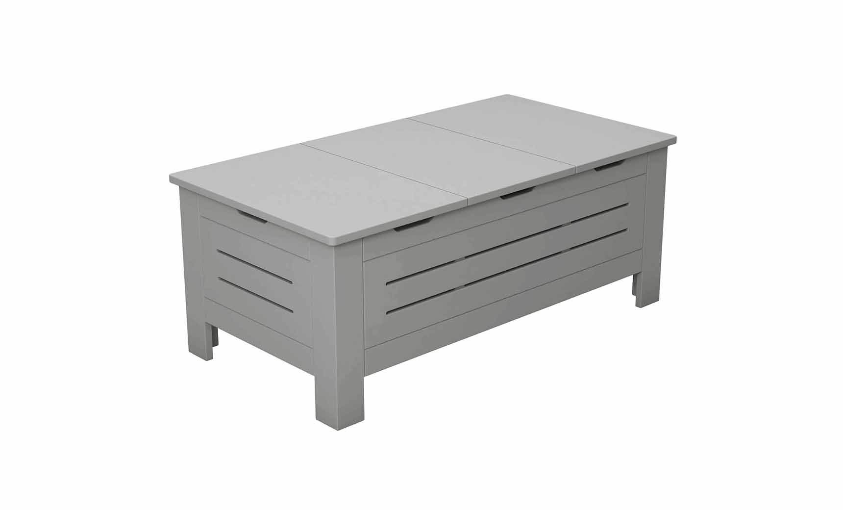 The Ledge Lounger Mainstay Storage Coffee Table is a white, rectangular wooden bench featuring a slatted front design. Ideal for outdoor living spaces, it offers seating and ample storage. With its flat top and short legs, its perfect as both a storage coffee table and seating solution.