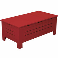 The Ledge Lounger Mainstay Storage Coffee Table is a red wooden chest with a slatted front, sturdy legs, and flat lid. Ideal for outdoor spaces, it offers stylish storage and abundant space for your treasures.