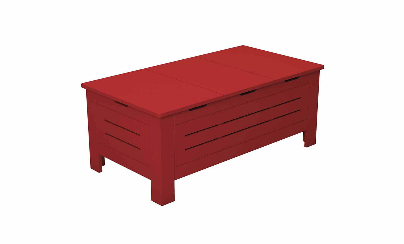 The Ledge Lounger Mainstay Storage Coffee Table is a red wooden chest with a slatted front, sturdy legs, and flat lid. Ideal for outdoor spaces, it offers stylish storage and abundant space for your treasures.