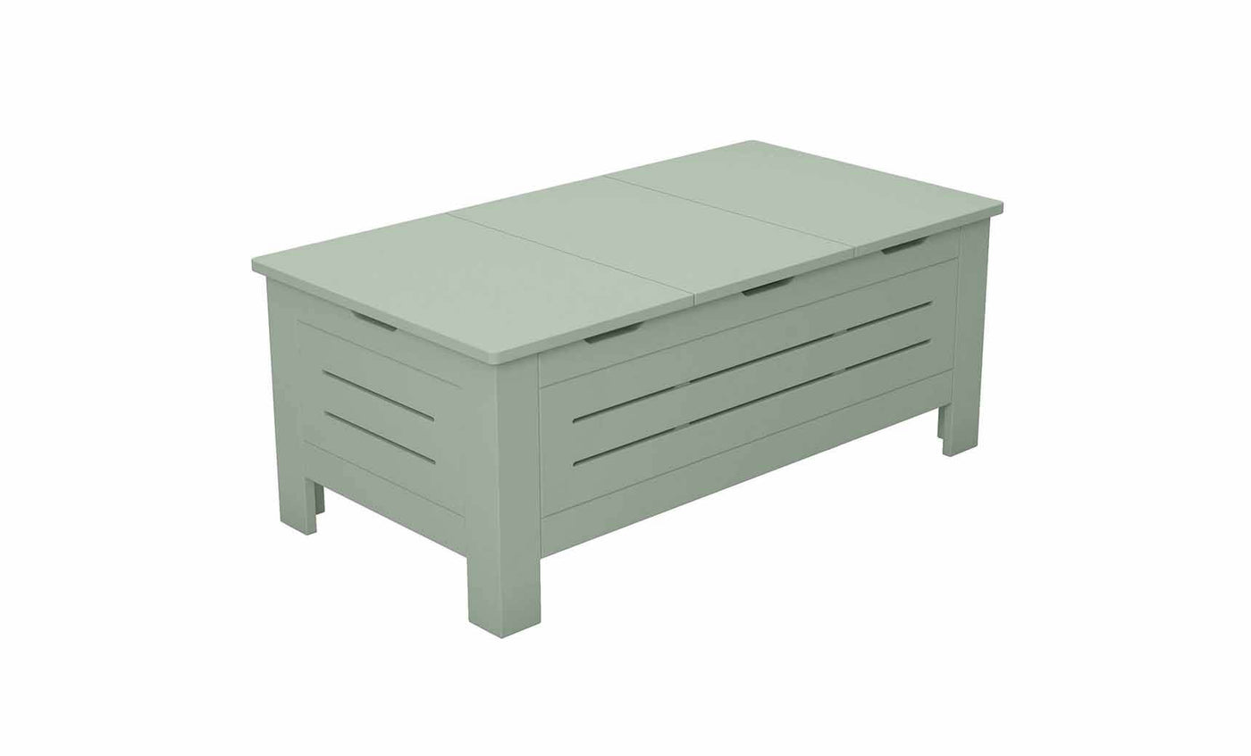 The Mainstay Storage Coffee Table by Ledge Lounger is a light green, wooden table with slatted sides and a hinged top. Ideal for outdoor spaces, it features clean lines, four sturdy legs, and ample storage underneath.