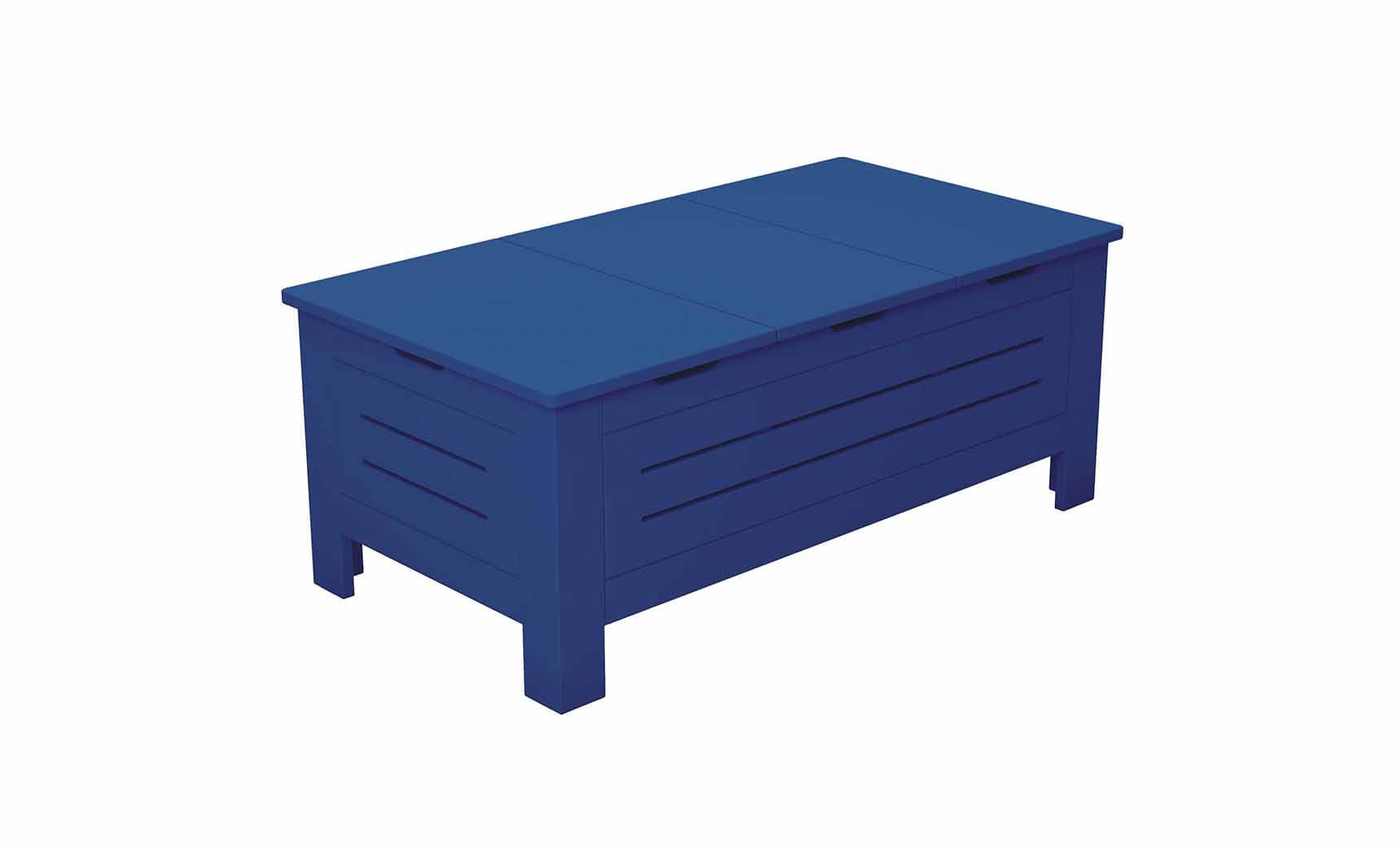 The Mainstay Storage Coffee Table by Ledge Lounger is a blue wooden table featuring a smooth lid, slatted side panels, and four short legs, providing ample storage space for your outdoor living area.