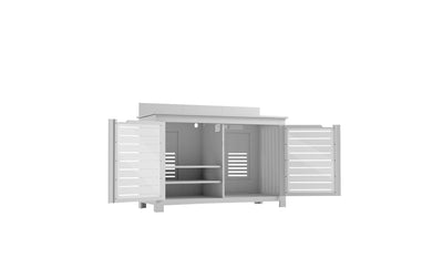 The Ledge Lounger Mainstay Bar Credenza features slatted double doors that open to reveal ample storage space, ideal for organizing tools or garden equipment for outdoor entertainment.