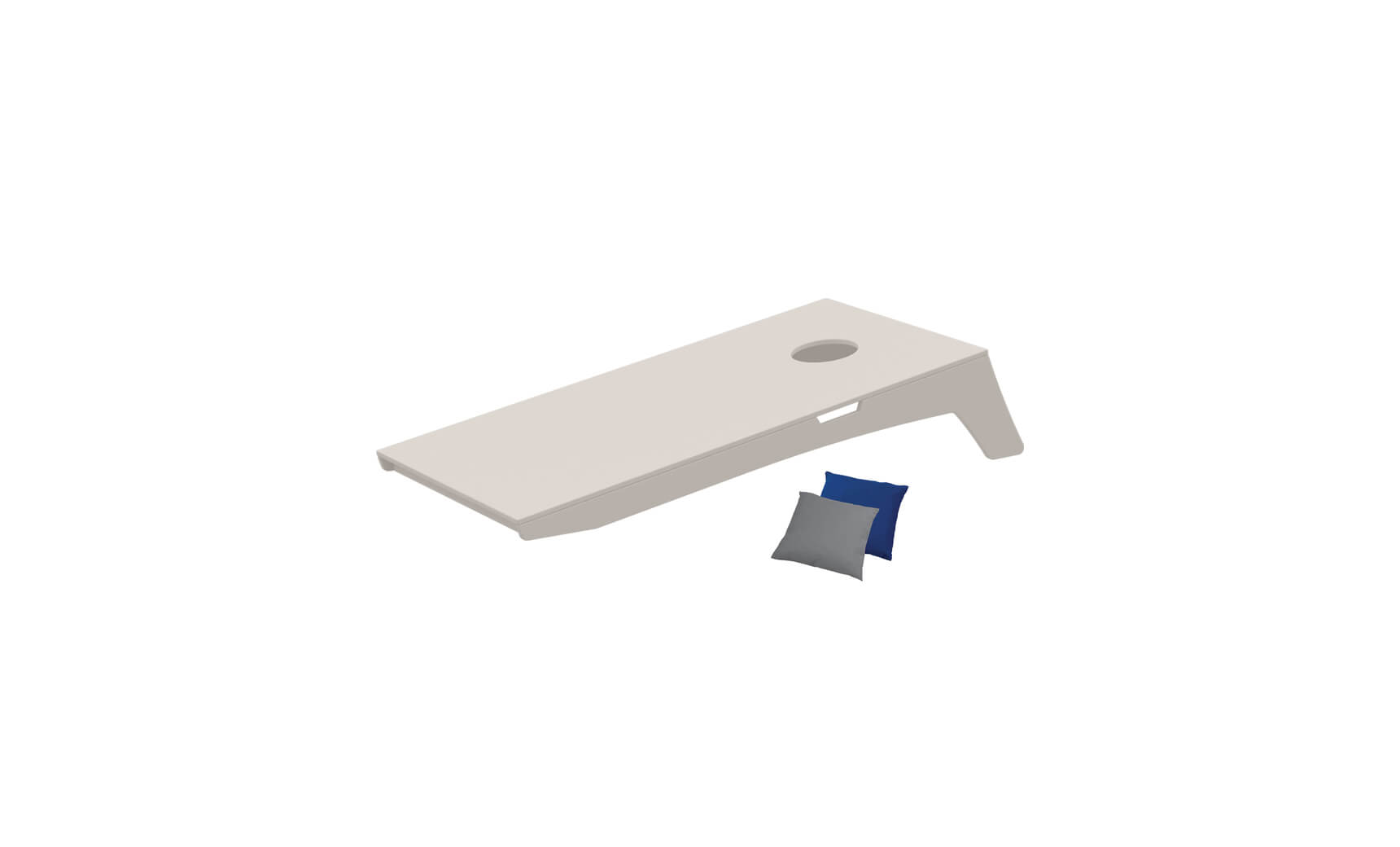 A Ledge Lounger Cornhole board with a beige rectangular surface and a round hole features two small blue and gray bags nearby, part of this fun bean bag toss set.