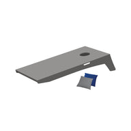Illustration of a Ledge Lounger Cornhole set with a gray board featuring a hole in the top right corner. A blue and a gray bean bag lie before it, ready for an exciting game.