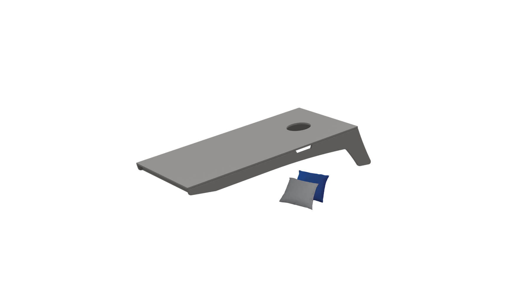 Illustration of a Ledge Lounger Cornhole set with a gray board featuring a hole in the top right corner. A blue and a gray bean bag lie before it, ready for an exciting game.