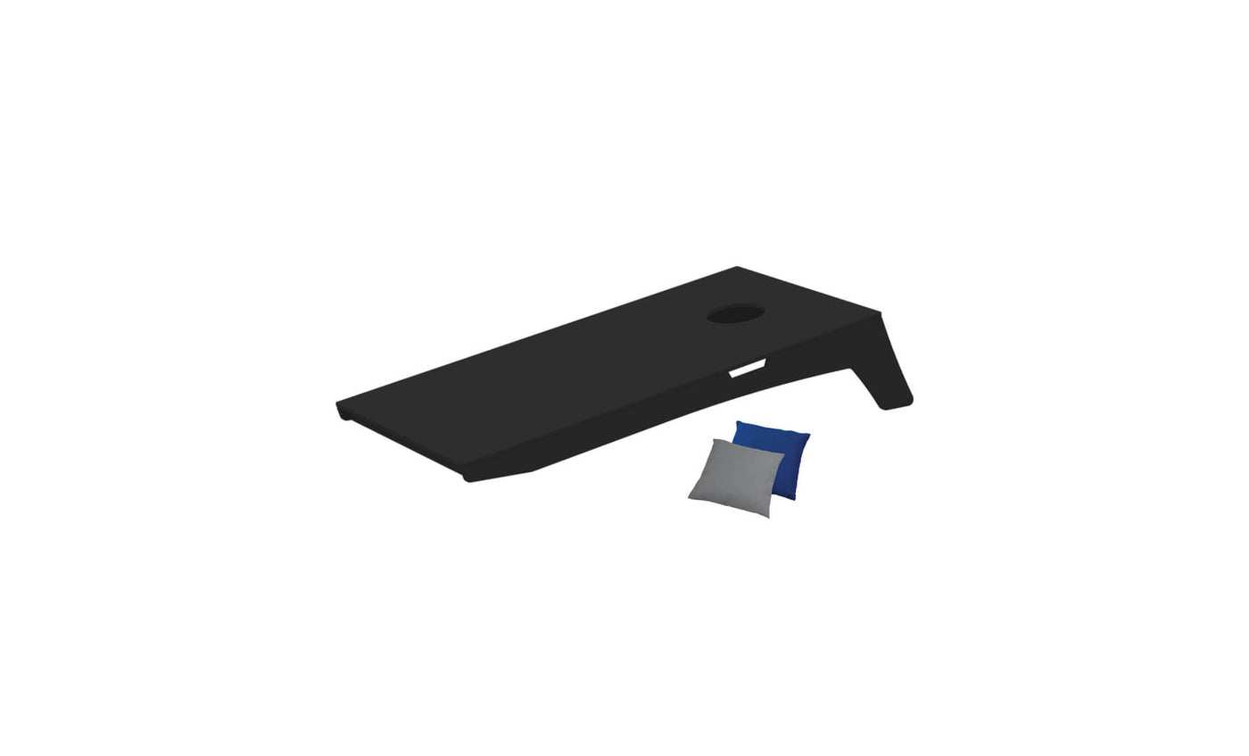 The portable Ledge Lounger Cornhole set features a sleek black wooden board with an angled design and circular hole, along with blue and gray bean bags ready for play.