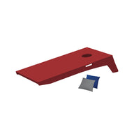 The Ledge Lounger Cornhole set features a striking red board with a round hole and comes with blue and gray bean bags, all set against a crisp white background.