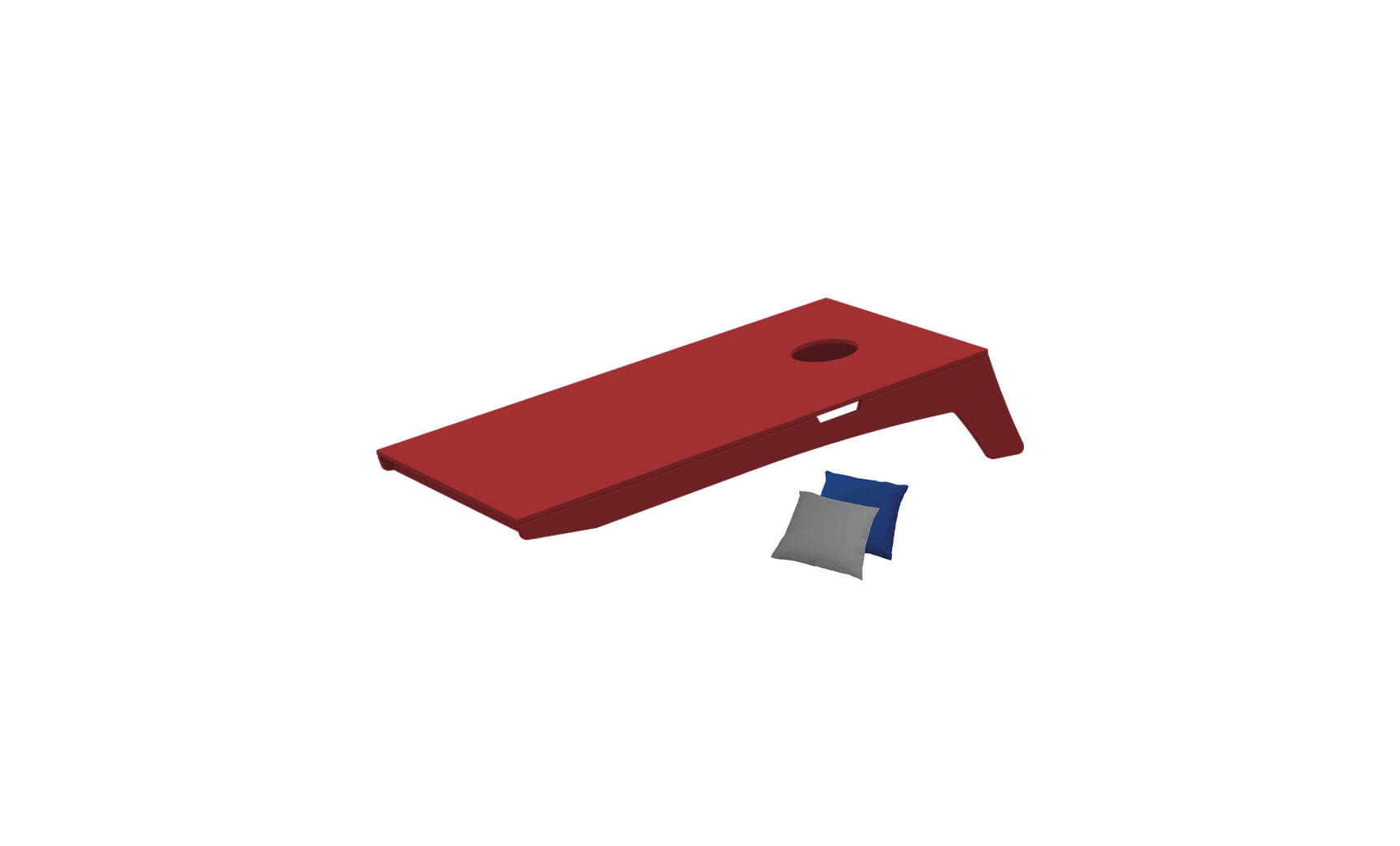 The Ledge Lounger Cornhole set features a striking red board with a round hole and comes with blue and gray bean bags, all set against a crisp white background.