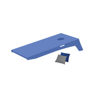 Illustration of Ledge Loungers Cornhole board, a portable set with a top hole. Comes with two bean bags—one blue and one gray—on the ground nearby for a perfect toss experience.
