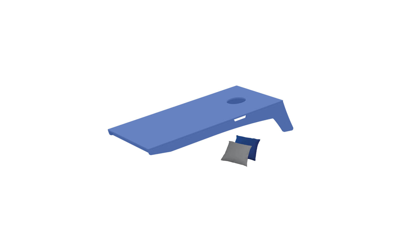 Illustration of Ledge Loungers Cornhole board, a portable set with a top hole. Comes with two bean bags—one blue and one gray—on the ground nearby for a perfect toss experience.