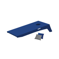 The Ledge Lounger Cornhole set includes a portable blue board with a circular hole and two bean bags (one blue, one gray), ideal for an exciting bean bag toss game.