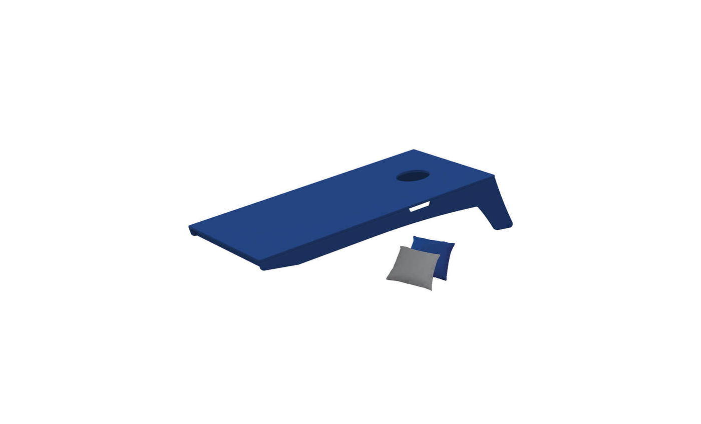 The Ledge Lounger Cornhole set includes a portable blue board with a circular hole and two bean bags (one blue, one gray), ideal for an exciting bean bag toss game.
