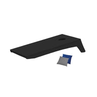 Ledge Loungers sleek portable cornhole game features a black board with a circular hole and includes gray and blue bean bags, set against a white background.