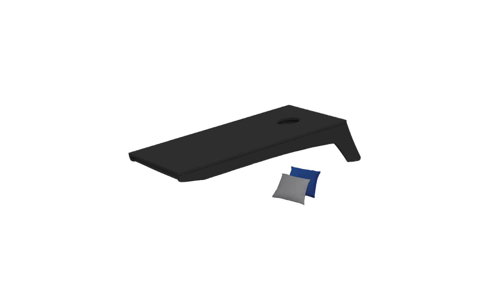 Ledge Loungers sleek portable cornhole game features a black board with a circular hole and includes gray and blue bean bags, set against a white background.