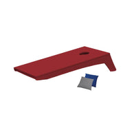 The Ledge Lounger Cornhole set features a red board with a top-right hole and comes with two bean bags—one blue and one gray—perfect for easy portability on a white background.