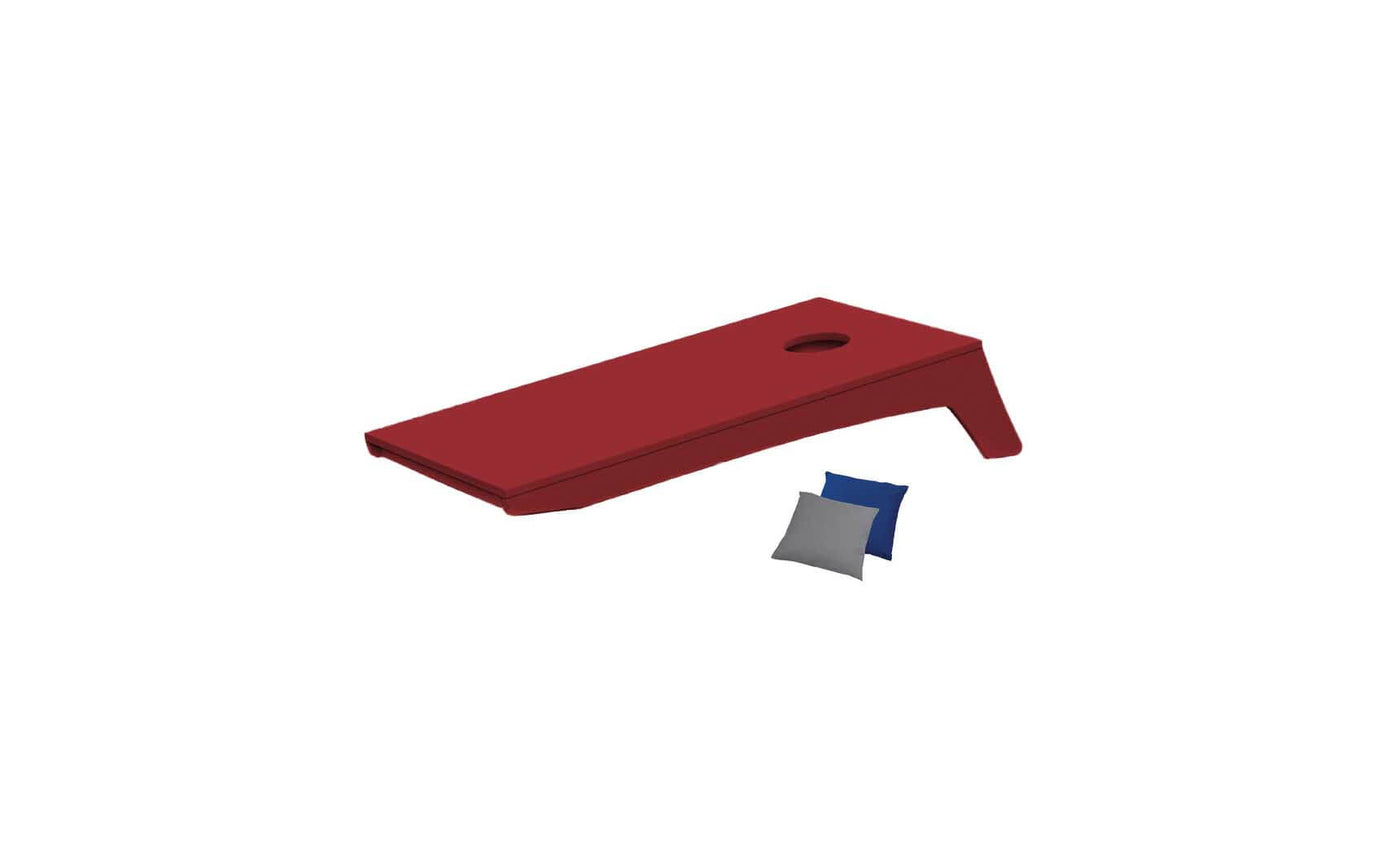 The Ledge Lounger Cornhole set features a red board with a top-right hole and comes with two bean bags—one blue and one gray—perfect for easy portability on a white background.